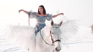 穿着灰色长裙，光着肩膀的美丽黑发女士坐在马背上，一丝不苟