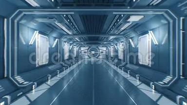 从抽象未来派宇宙飞船隧道到白色光与阿尔法打开金属门的美丽飞行