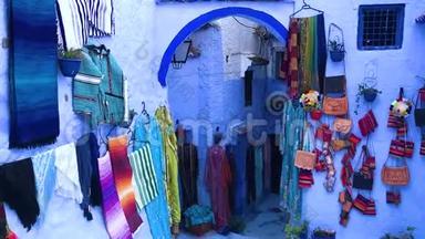 摩洛哥Chefchaouen镇蓝色地中海的五颜六色纪念品
