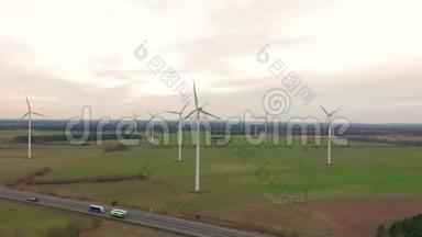风车风力发电技术.风力发电、涡轮、风车、能源生产的空中无人机视图.绿色