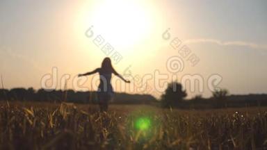 日落时美丽的女孩正沿着麦田<strong>奔跑</strong>。 年轻女子在草地上慢跑并要求<strong>自由</strong>。 夏季