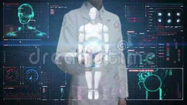 女医生触摸数字屏幕，扫描透明机器人半机器人身体在数字界面。 人工智能。
