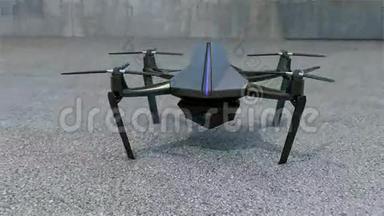 无人机监控摄像机从地面起飞的动画
