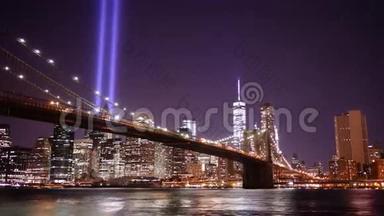 布鲁克林大桥纪念日夜光全景4k时间从美国起飞