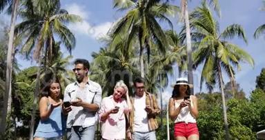 群聊使用手机智能手机在棕榈树下漫步户外，快乐微笑混合种族男女