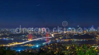 伊斯坦布尔城市天际线，城市景观，夜晚时光，博斯普鲁斯大桥和金融商务中心