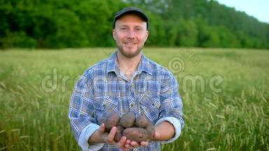 农民手捧马铃薯生物制品的肖像。 概念-农民`市场、有机农业、农场