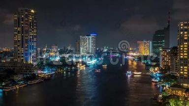 曼谷夜光交通河建设屋顶全景4k时间流逝泰国