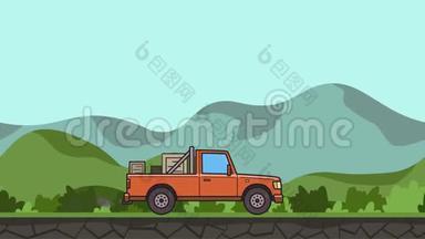 带有<strong>箱子</strong>的动画皮卡车在绿色山谷中行驶。 在丘陵地带移动送<strong>货车</strong>