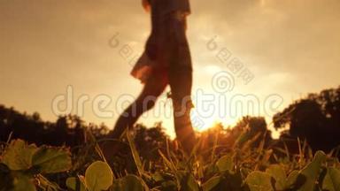 苗条模糊的赤脚女孩穿过框架，手里拿着她的高跟鞋，4K夹子。 橙色日落色彩