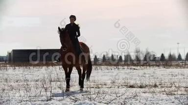 骑马-骑在雪地里和骑手骑马