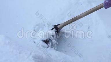 用铲子清理雪。 女人用铲子清理雪中的雪。