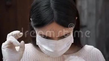 年轻女子把医用口罩放在外面；防止冠状病毒COVID-19