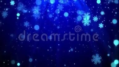 圣诞节背景运动图形镜头蓝色主题，闪烁的粒子雪花飘落和闪耀的灯光循环
