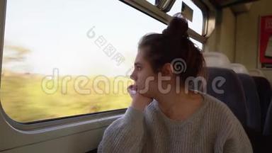 美丽的，年轻的女士坐火车旅行，看着窗外，怨恨