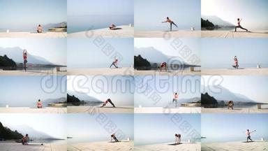 设置4x4运动女孩练习瑜伽海边