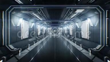 美丽的飞船隧道，打开金属门和飞行通过它到白光。 抽象未来3d