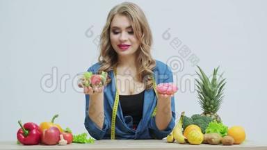 女人在有害食物和健康食物之间做出选择。
