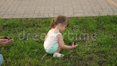 妈妈给她的孩子看松果。 小女儿和妈妈在草坪上公园里玩耍，收集圆锥花序。 <strong>小孩走路</strong>