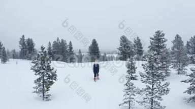游客在冬<strong>季</strong>漫步林中，空中。 冬<strong>季</strong>体育<strong>活动</strong>。 游客徒步旅行雪冬森林雪