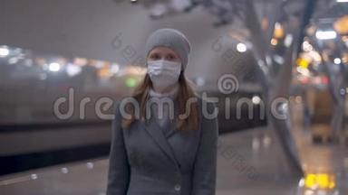 戴着面具走在地铁站的女人