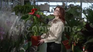 一幅<strong>可爱</strong>的年轻女子的肖像，她正在<strong>超</strong>市的室内植物部门选择开花植物来装饰