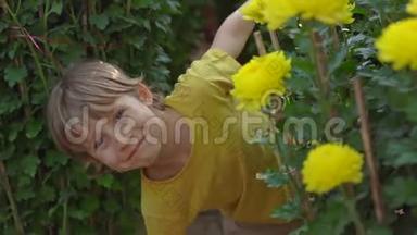一个小男孩站在许多黄色的花中，东亚人成长为庆祝农历新年。 旅费