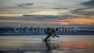 剪影运动员在日落时在海滩上练习锻炼。 运动员做后空翻和俯卧撑