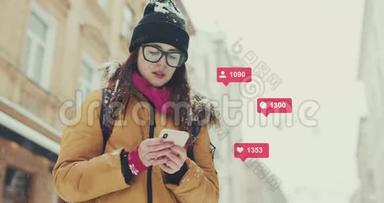 女孩打字智能手机冬季外观与雪背景社交媒体图标与类似评论跟踪计数器快速