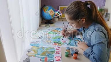 女生画颜料海报，环境问题.