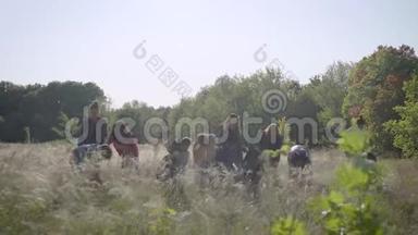 一队女志愿者正在大自然中收集垃圾，在夏日里拿着袋子在田野里散步