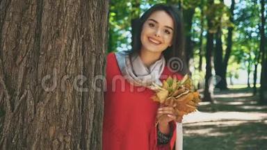 快乐微笑的白种人女孩正带着一束秋叶从树上<strong>露出</strong>来，与世隔绝，在模糊的公园里
