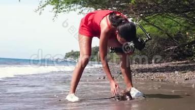 一个vlogger在为vlog拍摄故事时发现一条死鱼被冲到岸上。