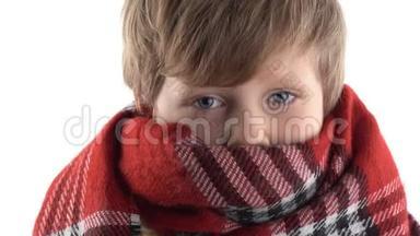 一个寒冷的小男孩被一条温暖的围巾裹在白色背景的工作室里的肖像