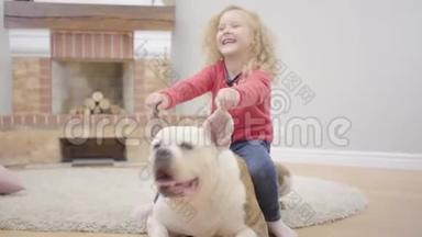 迷人的金发白种人女孩抱着斗牛犬`耳朵和<strong>笑声</strong>。 <strong>小孩</strong>子在家里和她的宠物玩。 病人