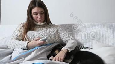女孩用电子医用红外线体温计检查狗狗的温度
