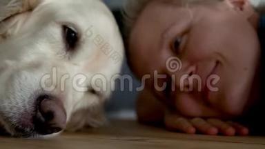 对宠物的爱。 地板上的一只大狗正在他的<strong>情妇</strong>旁边休息。 特写镜头。