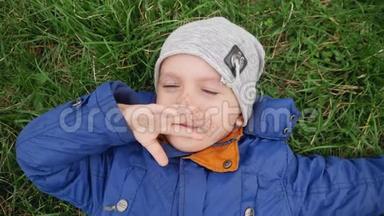 特写4k视频快乐微笑的小男孩躺在公园的绿草上，<strong>抬头</strong>看着镜头