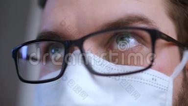 冠状病毒。 戴面具的人闭上眼睛。 传染病。 健康问题的概念。 流行病概念。 病毒攻击。