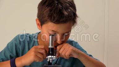 男孩拿起显微镜的镜头