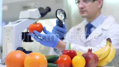 实验室工作人员检查水果和蔬菜，并对农药和硝酸盐进行分析。