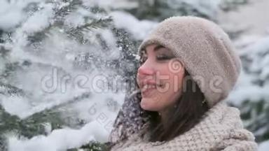 年轻迷人的女孩正在雪地上<strong>折断</strong>一根树<strong>枝</strong>，在镜头前美丽地微笑着
