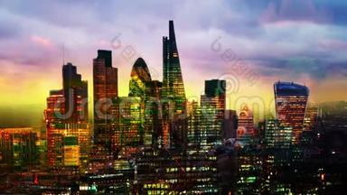 伦敦金融城，日落时分的商业和银行业。 圣保罗大教堂的景色。 多重曝光图像