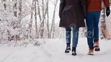 在降雪的<strong>公园里散步</strong>的情侣的后景。 男人和他的女朋友牵着手享受雪