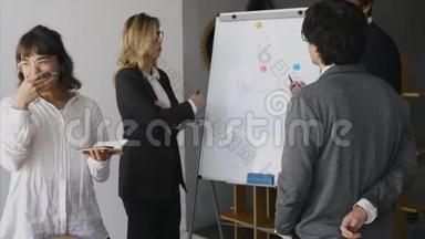 商务人士在会议上用白板讨论战略