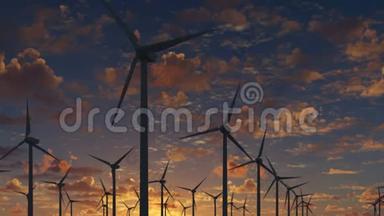 在一个美丽的阴天日落上生<strong>产能</strong>源的农场风车