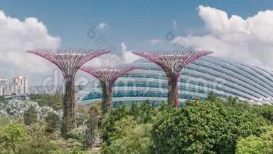 新加坡海湾花园的超级<strong>树林</strong>、云林和花穹的<strong>鸟</strong>瞰图。