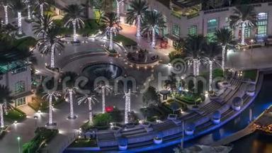 迪拜码头步行与喷泉和棕榈空中俯瞰夜景时间推移