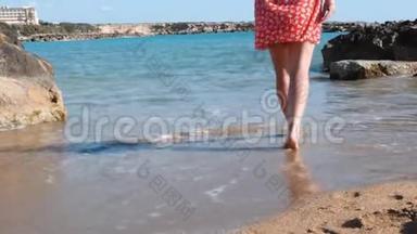 年轻的白种人女孩来到<strong>海边</strong>的水中。 穿着<strong>红色</strong>短裙在海滨散步的布鲁内特女孩。 阿塔拉克