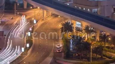 机场视野迪拜码头<strong>街道</strong>与建筑工地背景<strong>夜间</strong>时间推移。
